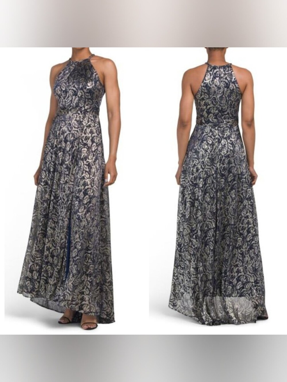 Betsy & Adam Plus Size 18W Metallic Floral Print Sleeveless Gown Wedding Formal